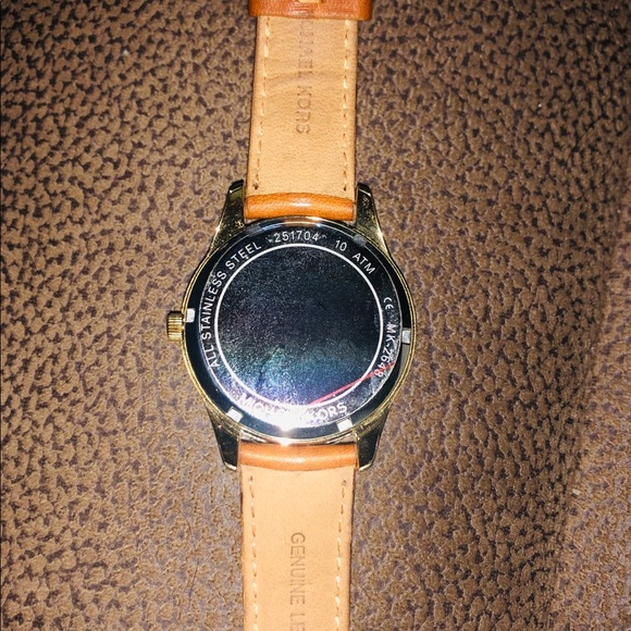 MK diamond studded watch w/ honey brown strap. - Picture 2 of 4